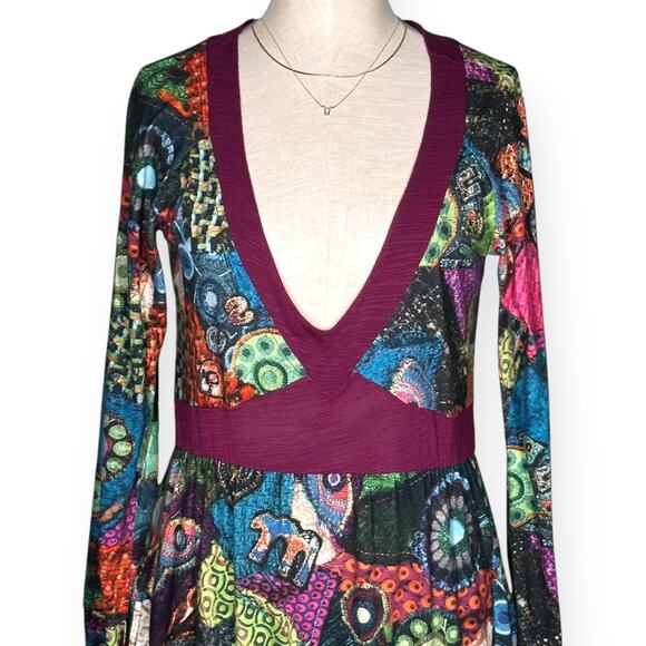 DESIGUAL Cocktail Dress Made in Spain Long Sleeve Tribal Festival Red V-Neck - Picture 2 of 11